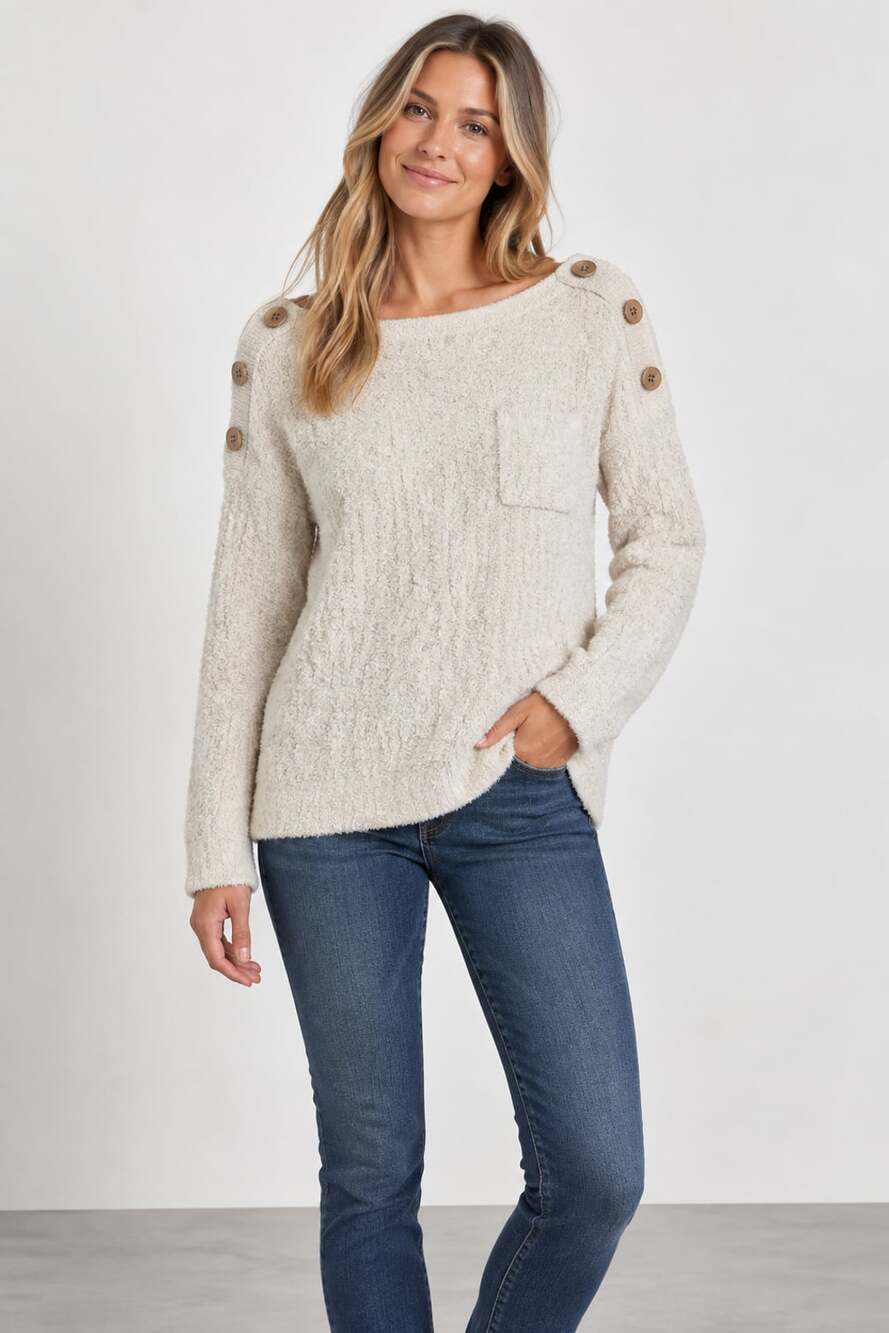 Barefoot Dreams CozyChic Melange Boat Neck Button Pullover Stone M NWT